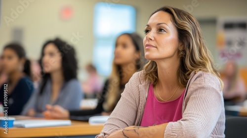 A serene adult learning environment with students attentively listening to a lecture on personal development, taking notes and engaging in thoughtful discussions, emphasizing the continuous pursuit