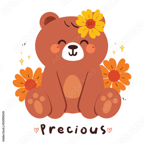 cute card with cartoon bear and flower. animal card with spring vibes photo