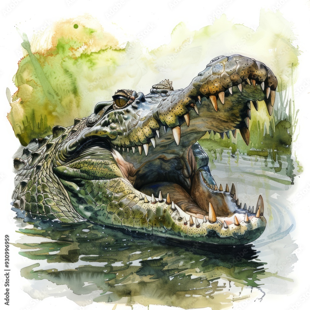 Obraz premium Watercolor painting of a ferocious crocodile lurking beneath the surface of a murky swamp, its jaws wide open, on isolated white background