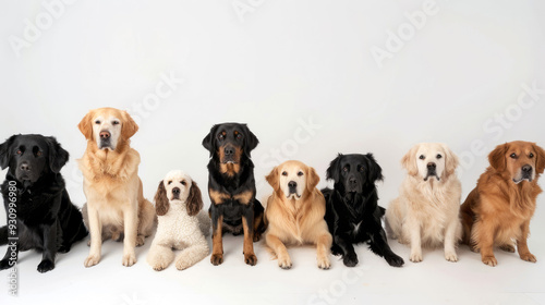 A Pack of Pure Joy, Eight adorable dogs of various breeds sit in a row, showcasing their unique personalities and captivating charm. Their playful expressions and heartwarming bond create a joyful