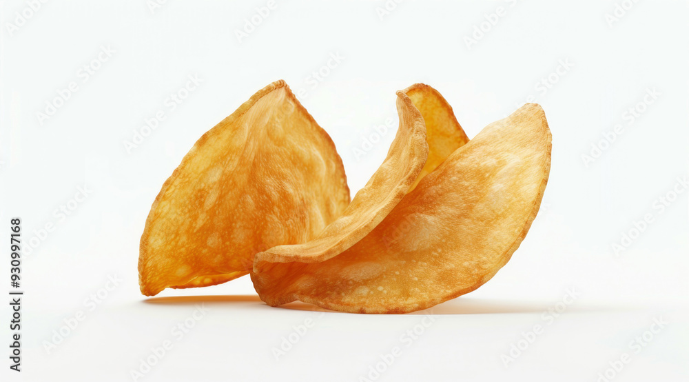 Chips shaped like an ear are isolated on a white backdrop. Chips shaped like an ear are isolated on a white backdrop.