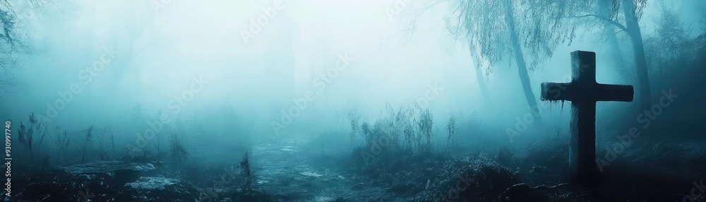 Fototapeta premium A haunting fog envelops a graveyard, highlighting a solitary cross amid the eerie atmosphere, perfect for spooky themes.