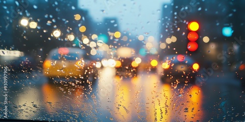 A traffic light reflecting off a car's wet windshield during a rainy evening, blurred headlights creating a sense of movement