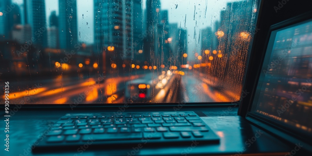 The texture of a portable keyboard on a commuter train, with city buildings rushing by outside the window The texture of a portable keyboard on a commuter train, with city buildings rushing by outside the window