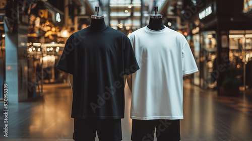 Men's black blank T-shirt template, two sides, natural shape on invisible mannequin, for your design mockup for print, isolated on shop store background. Set Mockup of a white oversized t-shirt 3D