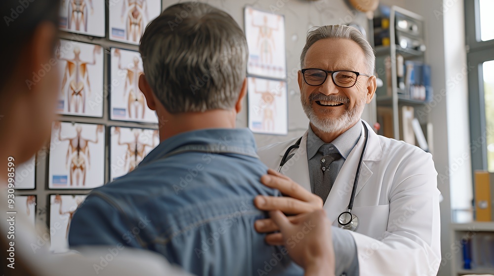 Fototapeta premium A smiling doctor in a white coat with a stethoscope around his neck is talking to a patient in his office