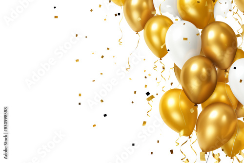 Golden balloon and confetti frame for festive banner Isolated on white background