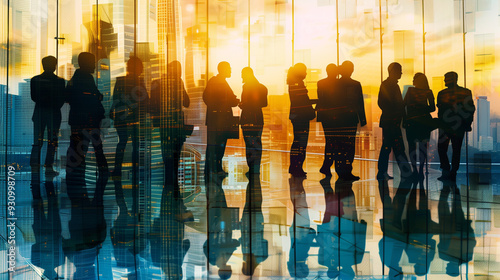 Wallpaper Mural A compelling double exposure image blends a bustling conference group of business professionals with the backdrop of a vibrant city office building. This visual representation highlights Torontodigital.ca