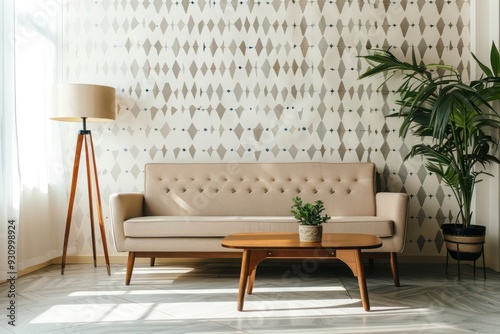 Elegant mid-century modern interior featuring a couch, coffee table, floor lamp, decorative plant, clean background, and natural lighting in a magazine-style shoot.