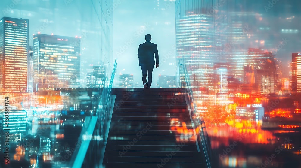 Silhouette of a Man Walking Up Stairs Against a City Lights Background Silhouette of a Man Walking Up Stairs Against a City Lights Background