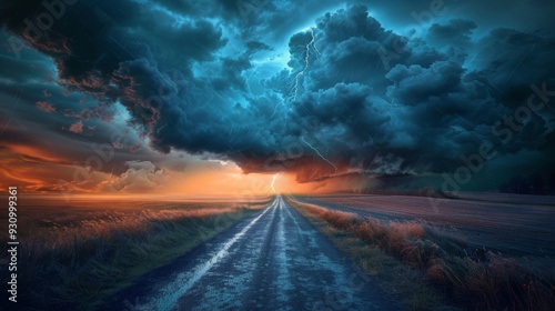 narrow road leads into a dark and ominous storm cloud with lightning flashing in the distance