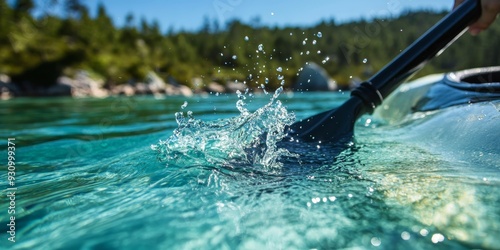 A close-up of a paddle slicing through crystal-clear water, with a kayak and a pristine lake in the background
