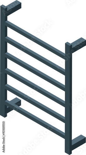 Modern heated towel rail is standing on a bathroom floor