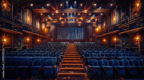 Wallpaper Mural Elegantly designed auditorium with navy blue velvet chairs, bright lighting, high-end finishes, ambient lighting, luxurious decor. Torontodigital.ca