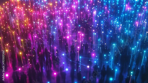 Digital Network Connecting Silhouettes in a Colorful Glow