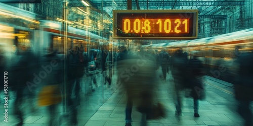 A close-up of a digital clock on a busy train station platform, with blurred motion of commuters rushing past