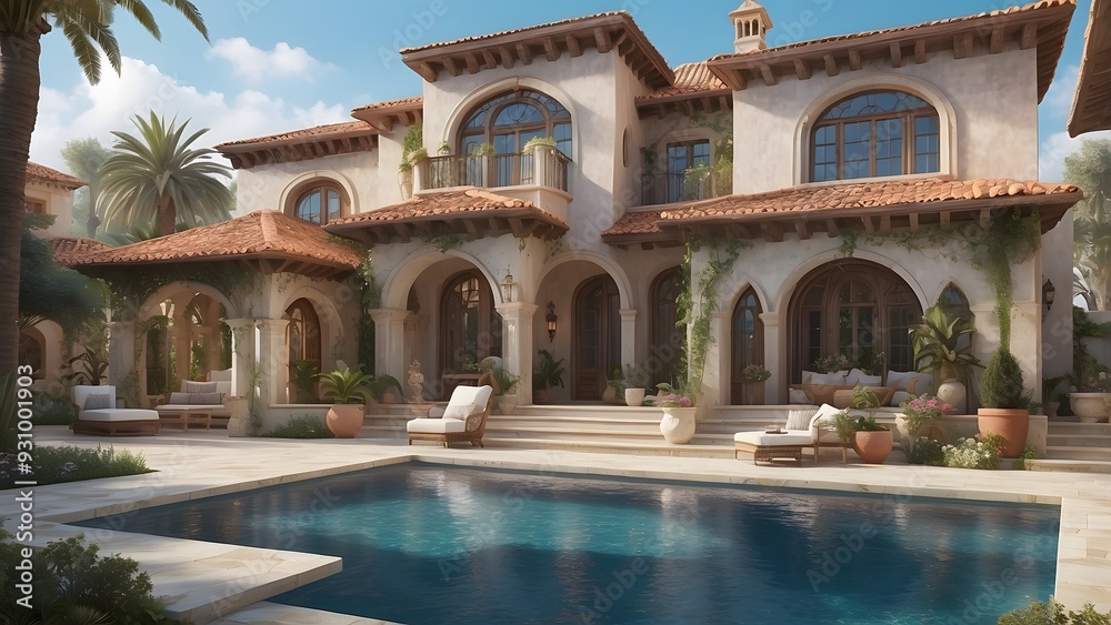 Architectural exterior design of a luxury Mediterranean villa with a crystal clear swimming pool filled with water, front elevatio Architectural exterior design of a luxury Mediterranean villa with a crystal clear swimming pool filled with water, front elevatio