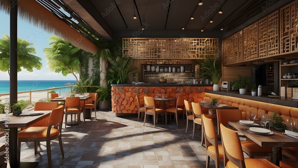 Obraz premium Exterior design of a modern restaurant with chairs and tables, full brown color dark theme, real estate restaurant outdoor setup