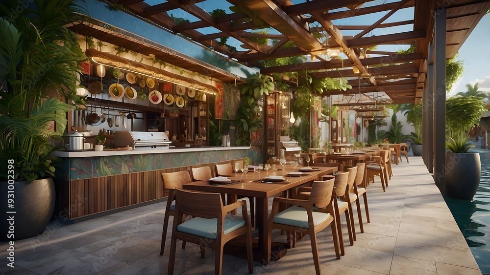 Fototapeta premium Exterior design of a modern restaurant with chairs and tables, full brown color dark theme, real estate restaurant outdoor setup 