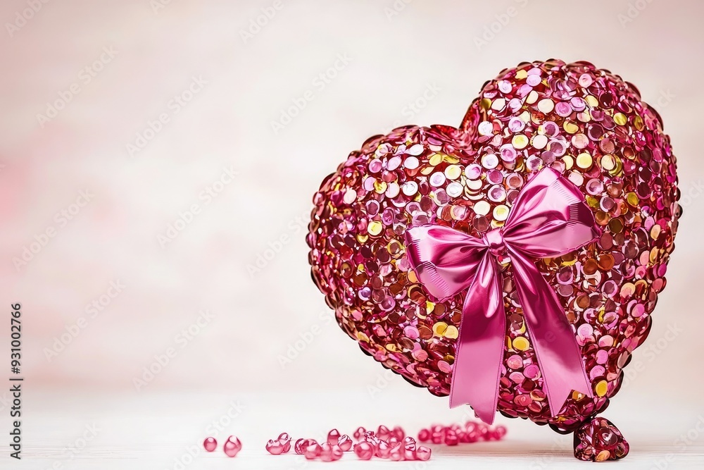 Glittering pink heart decoration with a bow, perfect for romantic themes, celebrations, or gifts on special occasions. Glittering pink heart decoration with a bow, perfect for romantic themes, celebrations, or gifts on special occasions.