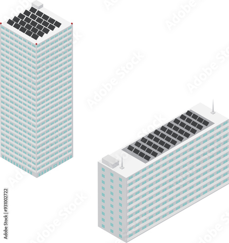 アイソメトリックな屋上にソーラーパネルのあるタワーマンションやマンション