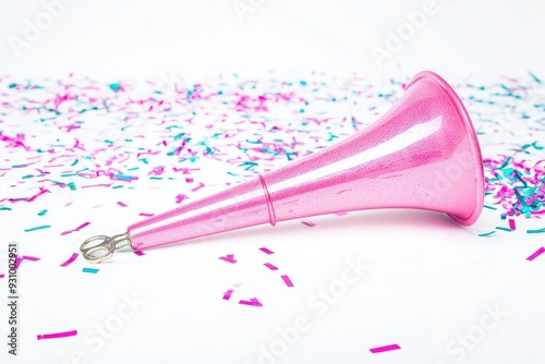 A vibrant pink party horn among colorful confetti, ideal for festive celebrations and cheerful events. photo