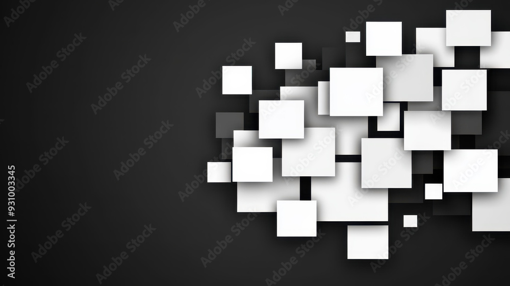 A sleek black abstract backdrop featuring striking white squares, perfect for a modern design aesthetic. A sleek black abstract backdrop featuring striking white squares, perfect for a modern design aesthetic.