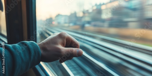 The texture of a hand gripping a commuter rail seat handle, with the blurred scenery rushing by through the window