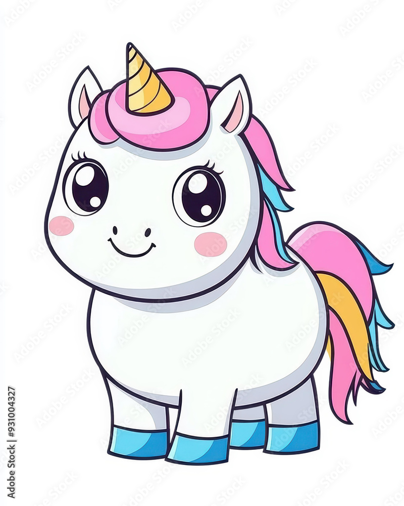 Fototapeta premium Adorable chibistyle fat unicorn illustration with a cute expression on a clean white background, perfect for any collection.