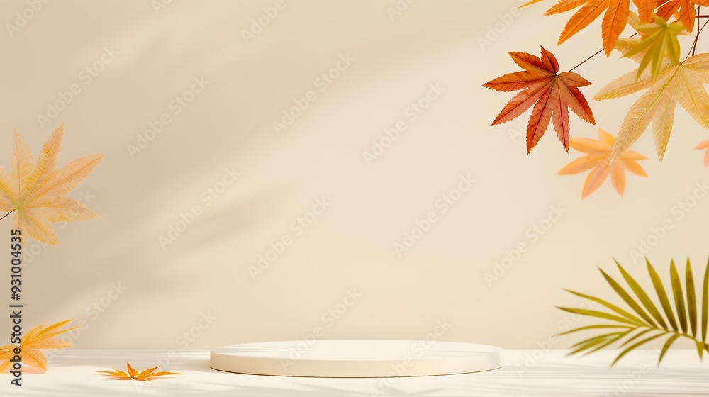 A white round podium with a beige background and autumn leaves falling around it. A white round podium with a beige background and autumn leaves falling around it.