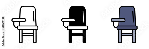 Chair Icon, A piece of furniture with a back and four legs, used in classrooms, offices, and libraries for sitting while studying.