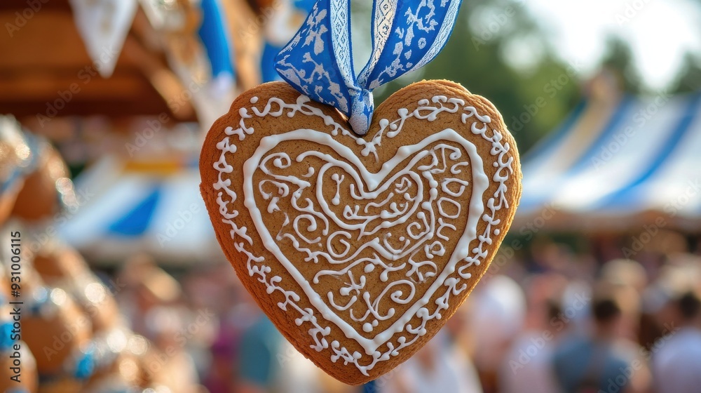 A close-up of a gingerbread heart cookie with intricate icing designs and a ribbon for hanging, the cookie is held up against a backdrop of colorful Oktoberfest decorations, including blue and white A close-up of a gingerbread heart cookie with intricate icing designs and a ribbon for hanging, the cookie is held up against a backdrop of colorful Oktoberfest decorations, including blue and white