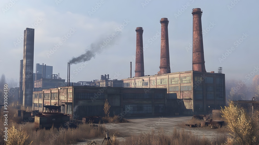 A city skyline with a large industrial area with smoke coming out of the smokestacks. The sky is hazy and the sun is setting A city skyline with a large industrial area with smoke coming out of the smokestacks. The sky is hazy and the sun is setting