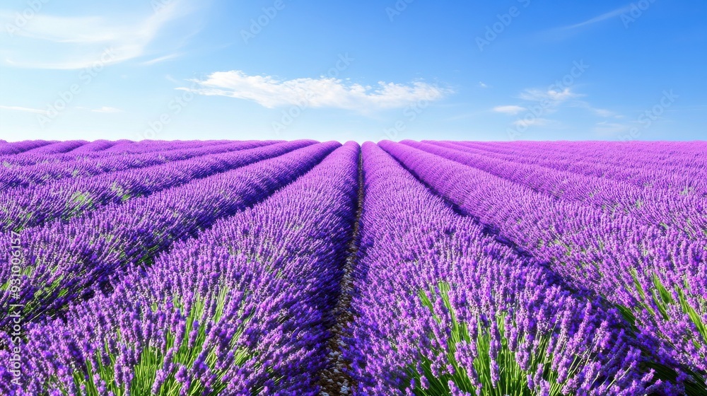 Naklejka premium A stunning lavender field showcasing vibrant purple blooms under a clear blue sky, capturing the essence of natural beauty.