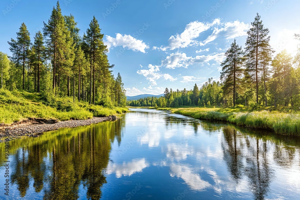 Serene river landscape reflecting trees and sky, perfect for nature themes and tranquil settings in photography. Serene river landscape reflecting trees and sky, perfect for nature themes and tranquil settings in photography.