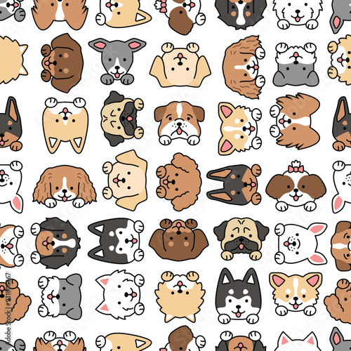Seamless pattern dogs puppies pet cute kawaii style illustration drawing head shot face collection dog breed - terrier, miniature schnauzer, poodle, husky, pug, spaniel, golden retriever, doberman