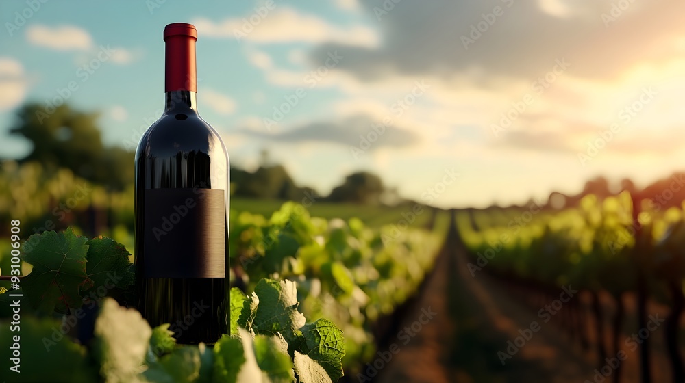 Fototapeta premium Organic 3D Rendered Wine Bottle with Lush Vineyard Landscape Background