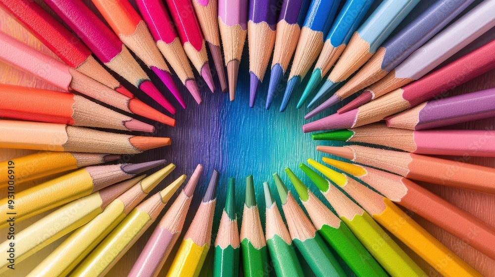 A vibrant swirl of colored pencils arranged in a circular pattern showcasing a spectrum of colors for artistic inspiration. A vibrant swirl of colored pencils arranged in a circular pattern showcasing a spectrum of colors for artistic inspiration.