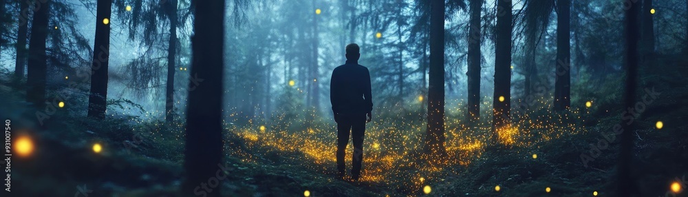 A mysterious figure stands amidst a dark forest, illuminated by soft glows of fireflies, creating an enchanting atmosphere.