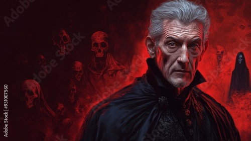 Mystical Vampire Old Man in Halloween red background