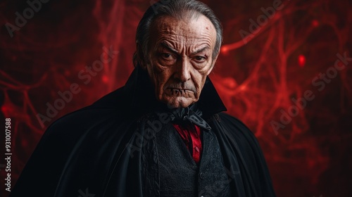 Mystical Vampire Old Man in Halloween red background