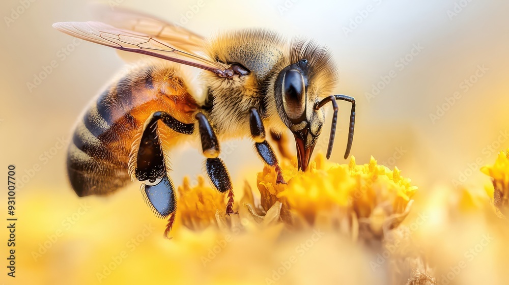 Close-up of a bee collecting nectar from a flower, showcasing the beauty of nature and pollination. Close-up of a bee collecting nectar from a flower, showcasing the beauty of nature and pollination.