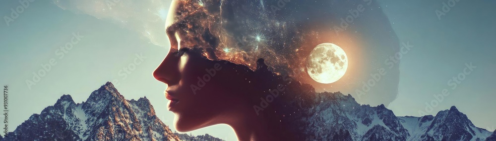 A surreal portrait blending nature and cosmos, featuring a woman's profile against majestic mountains and a celestial backdrop. A surreal portrait blending nature and cosmos, featuring a woman's profile against majestic mountains and a celestial backdrop.
