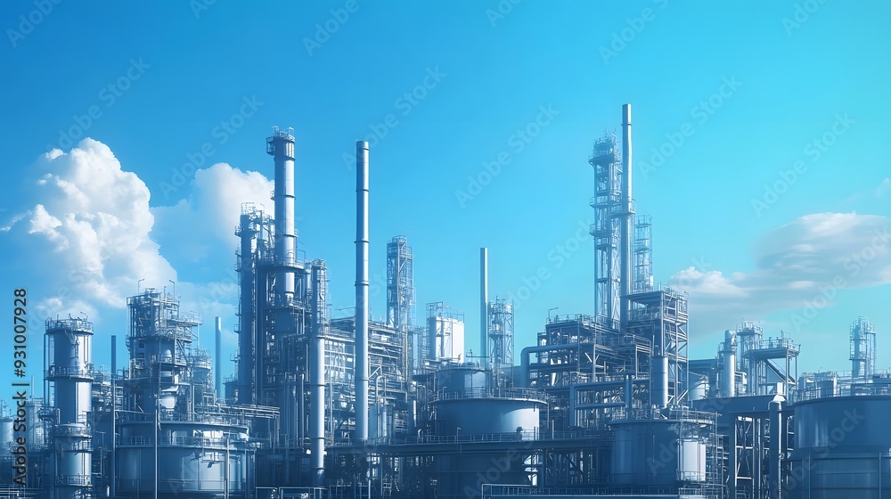 A large industrial plant with a lot of smoke coming out of it. The sky is blue with some clouds A large industrial plant with a lot of smoke coming out of it. The sky is blue with some clouds