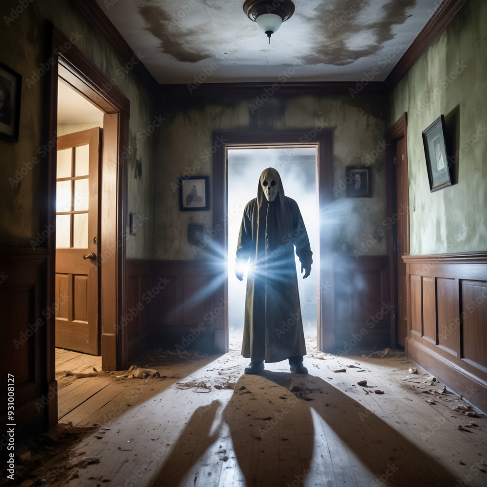 Fototapeta premium A spooky yet atmospheric scene, a ghost inside a dark, abandoned house. The room is dimly lit by moonlight filtering through a cracked window, 