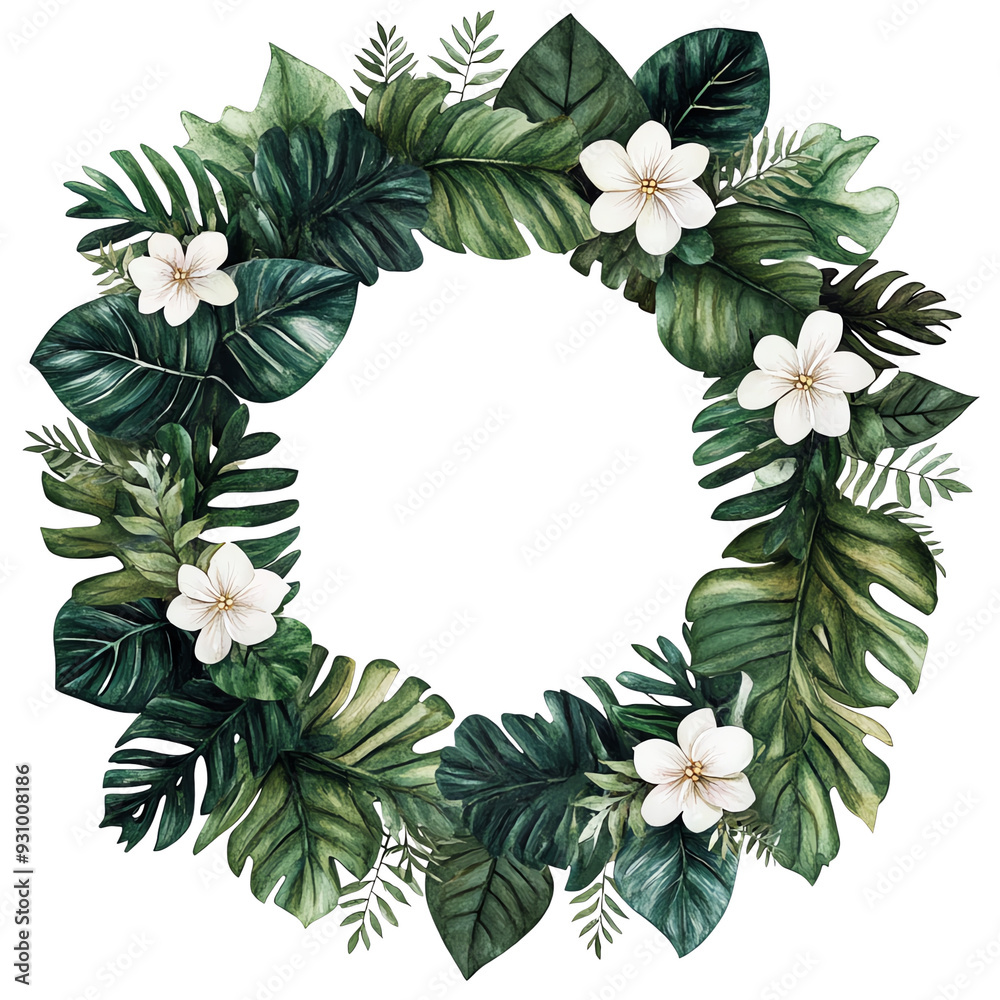 Naklejka premium A beautiful tropical wreath featuring lush green leaves and white flowers, perfect for home decor or event decoration.
