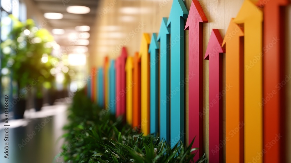 Modern office spaces, with large arrows pointing upwards, symbolize innovation and growth. Unleashing forward momentum and creativity, showcasing a successful cutting-edge workspace. Modern office spaces, with large arrows pointing upwards, symbolize innovation and growth. Unleashing forward momentum and creativity, showcasing a successful cutting-edge workspace.