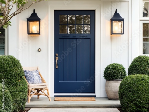 Elegant navy blue door framed by charming landscaping and warm lights, creating a welcoming home entrance.