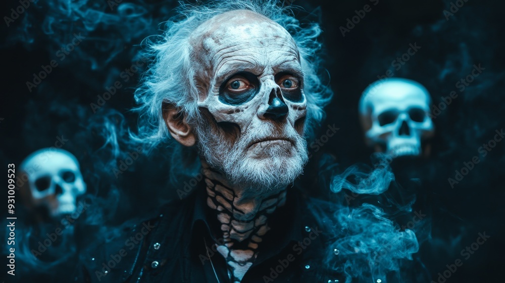 Old Man with Skull Face Painted, Scary Halloween Old Man with Skull Face Painted, Scary Halloween