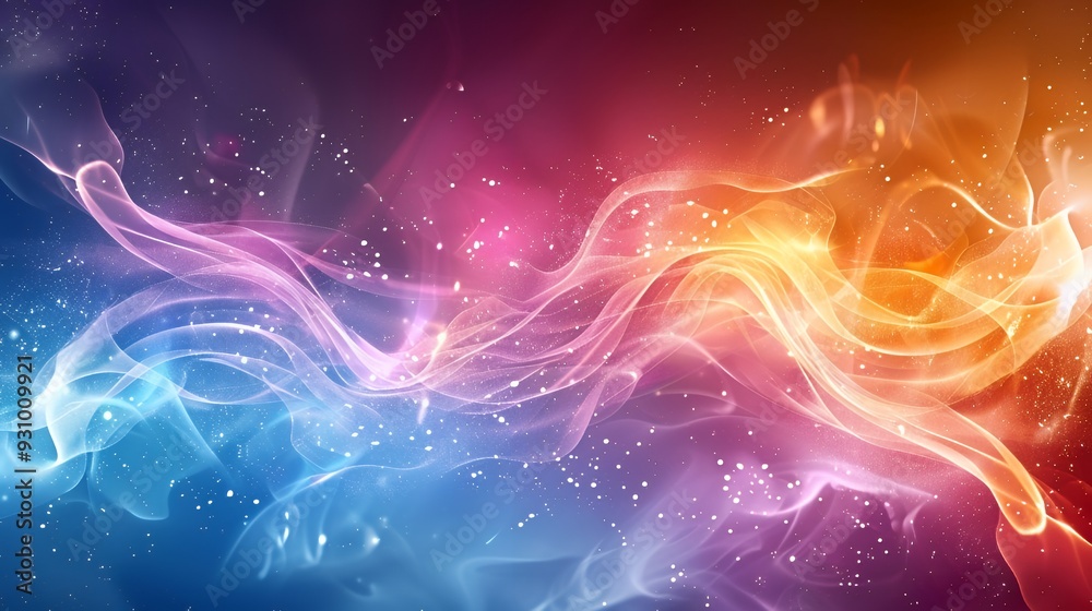 Abstract colorful background with glowing wavy lines and sparkling particles. Abstract colorful background with glowing wavy lines and sparkling particles.